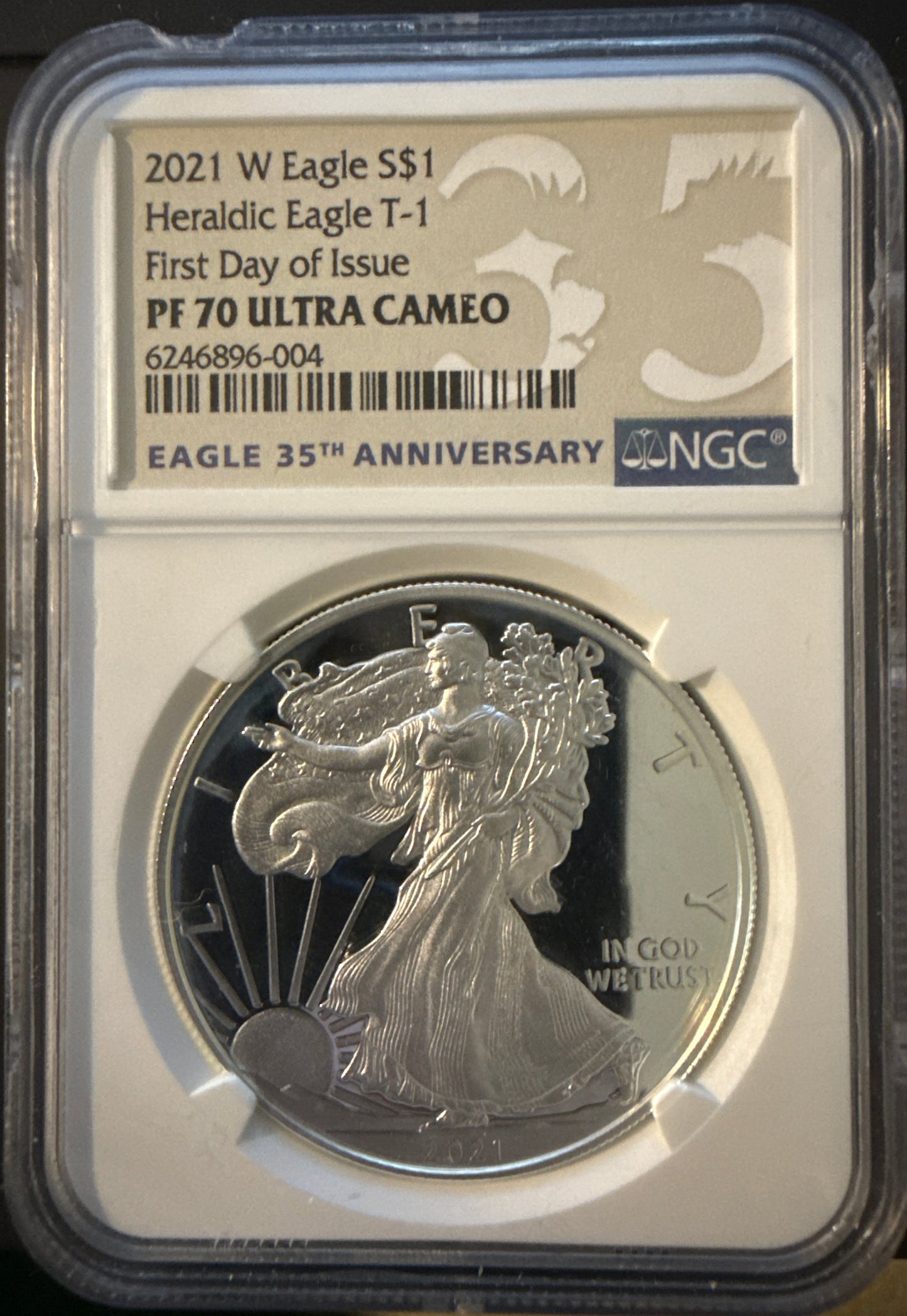 Final‑year Type 1 Heraldic Eagle reverse. First Day of Issue pedigree. NGC PF70 Ultra Cameo.