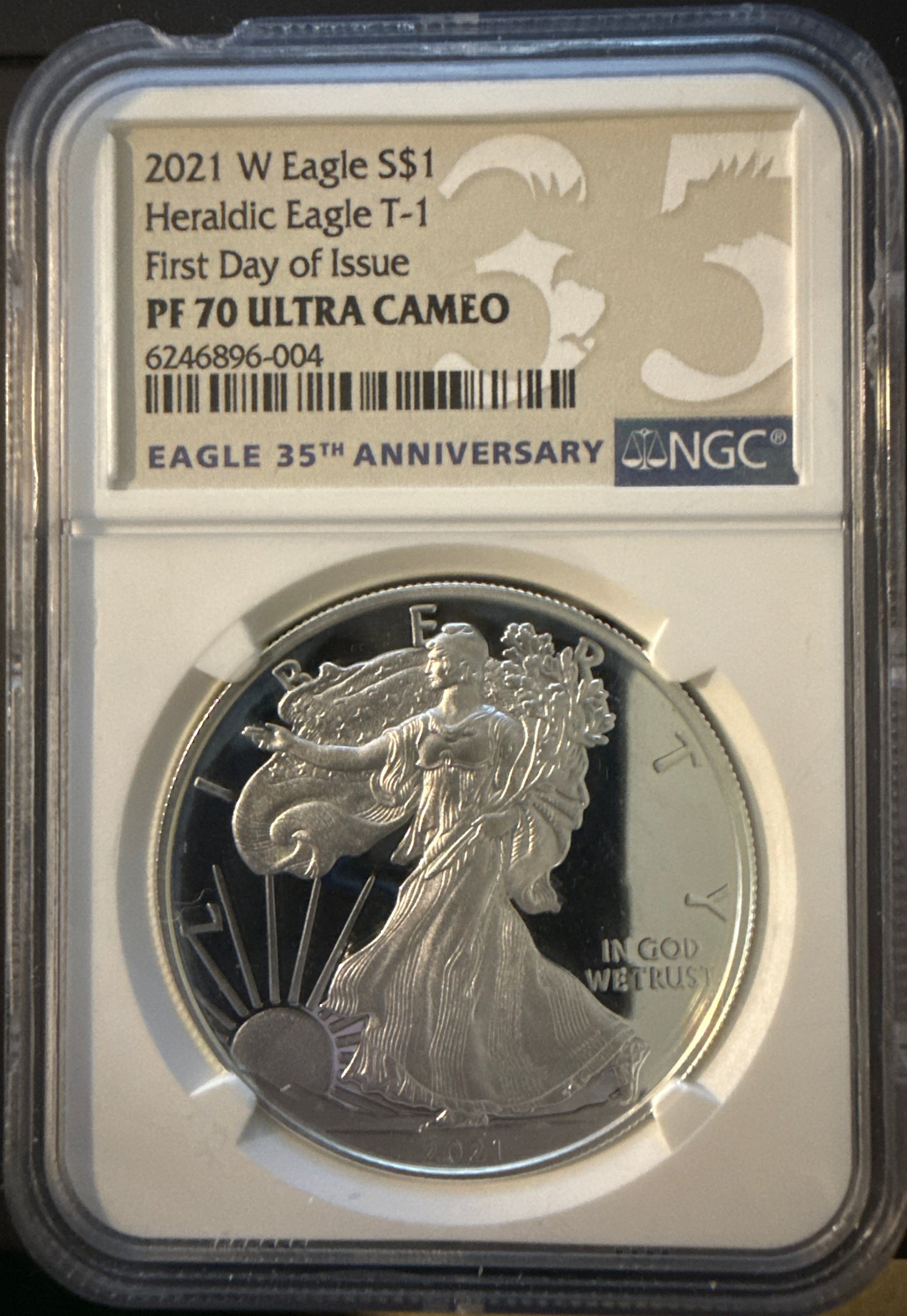 Final‑year Type 1 Heraldic Eagle reverse. First Day of Issue pedigree. NGC PF70 Ultra Cameo.