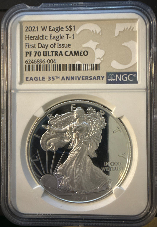 Final‑year Type 1 Heraldic Eagle reverse. First Day of Issue pedigree. NGC PF70 Ultra Cameo.