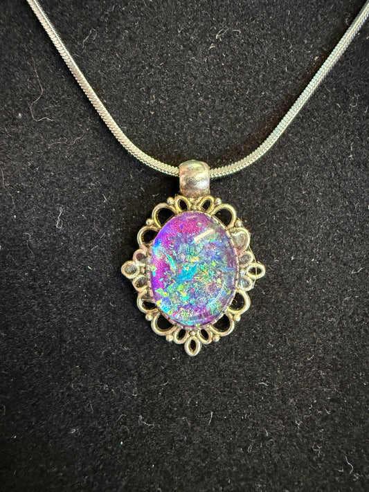 Faux Opal Pendant & Stainless Steel Necklace