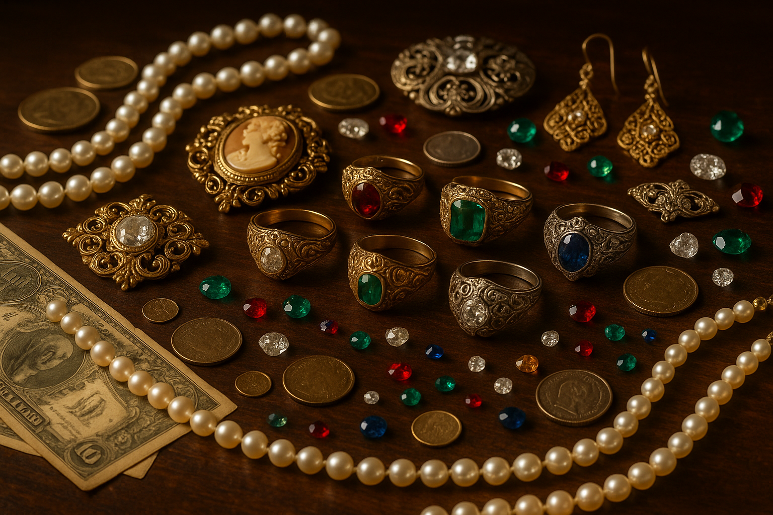 An image of vintage jewelry, old money, handmade jewelry, gems and coins laying on a table.